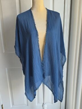 David and Young Blue Pom-Pom Trim Open Front Poncho